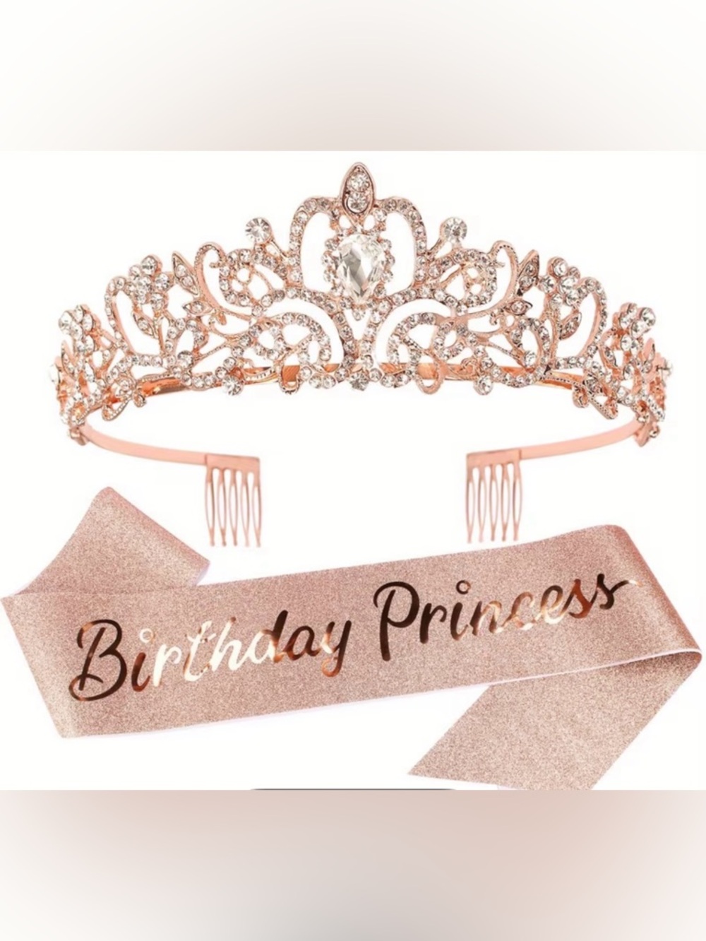 Rose Gold Crystal Tiara with 'Birthday Princess' Sash